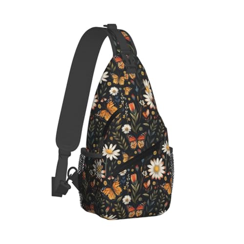 Sling Bag Vintage Butterfly Daisy Leaf Hiking Daypack Crossbody Shoulder Backpack Travel Chest Pack for Men Women