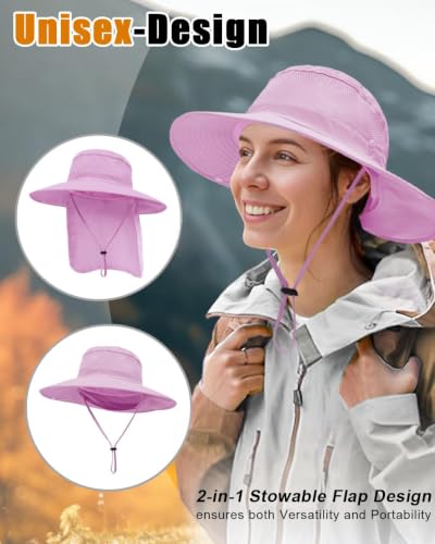 Outdoor Sun Hats with Stowable Neck Flap for Men Women UPF 50+ Mesh Summer Bucket Hat Wide Brim for Fishing Safari Hiking Purple