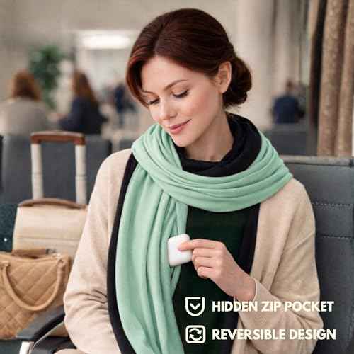 16-in-1 Compact Travel Blanket with Bag – Reversible, Ultra Soft Bamboo Airplane Blanket with Hidden Pocket - Packable for Flights, Camping, Picnic, Travel Essentials (Seafoam/Black)