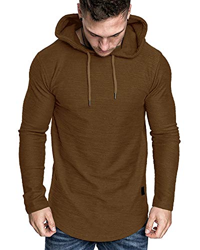 Mens Fashion Athletic Hoodies Sport Sweatshirt Solid Color Fleece Pullover Brown Large