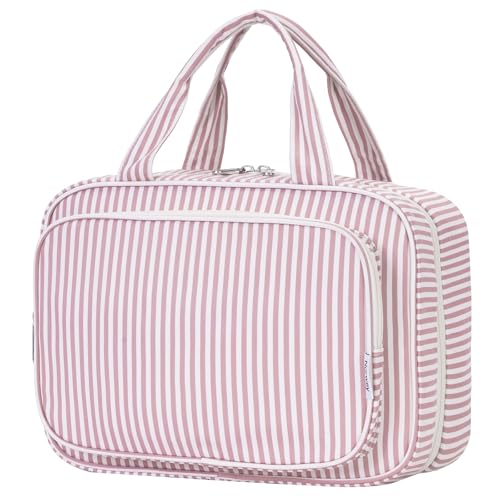 Striped Travel Toiletry Bag for Women Large Hanging Makeup Bag Organizer Toiletries Bag for Full Size Essentials Accessories Cosmetics