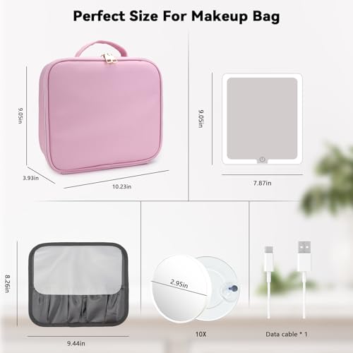Travel Makeup Bag with LED Mirror and 10x magnifying glass with 3 Lighted Settings