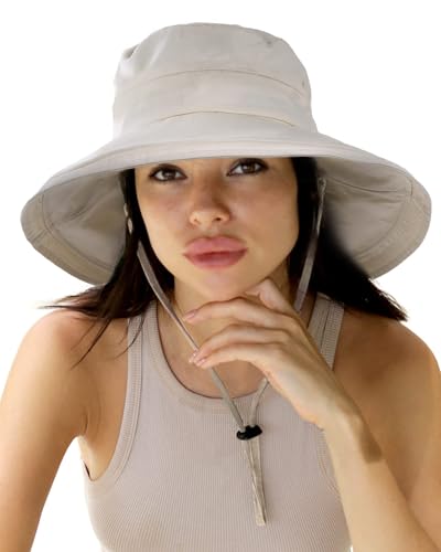 Womens Sun Hat with Ponytail Hole Cotton Shapeable Wide Brim Beige