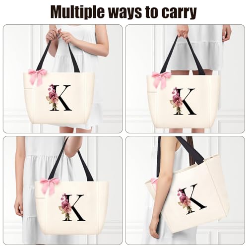 Tote Bag, A-Z Initial Monogrammed Waterproof Tote Bag, Bridesmaid Gifts for Women, Black and Pink (K, Beige)