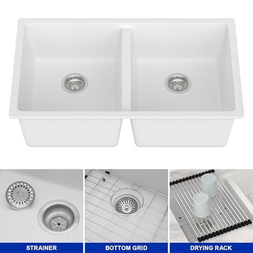 33 Inch Double Bowl Undermount Kitchen Sink White Deep Double Basin Prep Sink 50