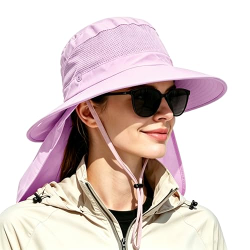 Outdoor Sun Hats with Stowable Neck Flap for Men Women UPF 50+ Mesh Summer Bucket Hat Wide Brim for Fishing Safari Hiking Purple