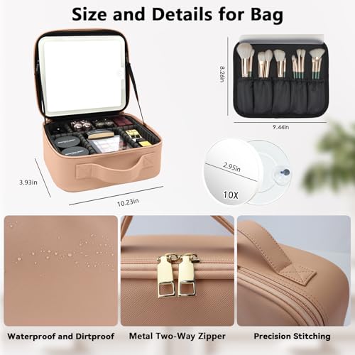 Travel Makeup Bag with LED Mirror and 10x magnifying glass with 3 Lighted Settings