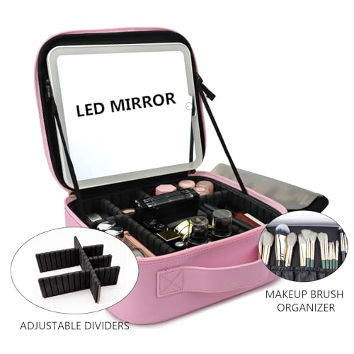 Travel Makeup Bag with LED Mirror Travel Makeup Organizer with 3 Lighted Settings