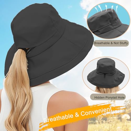 Sun Hats for Women UV Protection Wide Brim Hat with Ponytail Hole Black