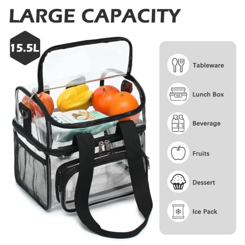 Clear Bag Double Decker Lunch Bag for Stadium Events Adult Large Transparent Tote for Men (Clear#Black)