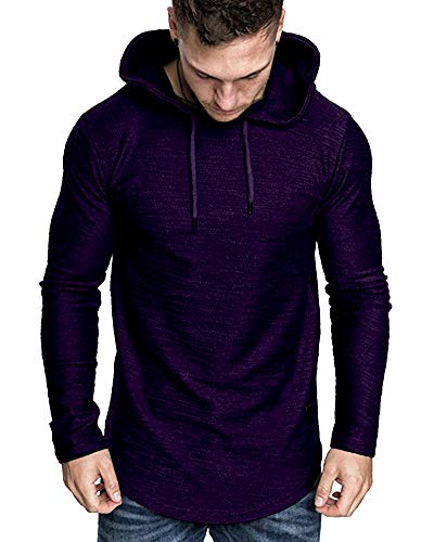 Mens Fashion Athletic Hoodies Sport Sweatshirt Solid Color Fleece Pullover Purple Large