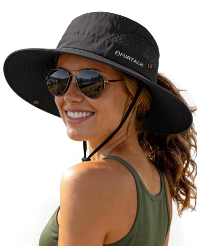 Womens Sun Hat with Ponytail Hole Beach Hiking Summer Wide Brim UPF 50+ Outdoor Protection Foldable Bucket Hat Black