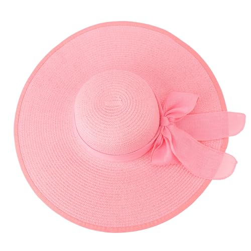 Womens Bowknot Straw Hat Large Foldable Beach Sun Hat Roll up UPF 50+