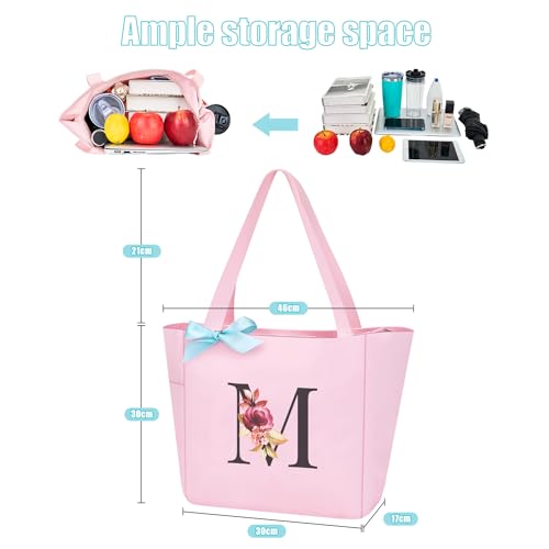 Tote Bag, A-Z Initial Monogrammed Waterproof Tote Bag, Bridesmaid Gifts for Women, Black and Pink (M, Pink)