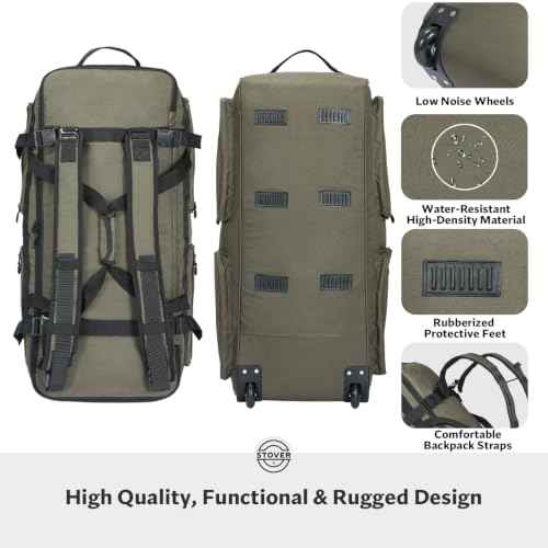 45/80/100L U-Zip Rolling Duffel Bag with Wheels, X-Large Durable Travel Duffle + Toiletry Bag, Lay-Flat Opening, Packable w/Shoulder Straps- Use as Luggage or Backpack, Men/Women (Green)