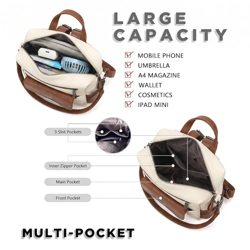 PU Leather Small Backpack Purse for Women Ladies White Brown