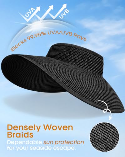 Womens Sun Visor Hats Wide Brim Straw Beach Hat UV Protection Ponytail Packable Beach Vacation Essentials Black