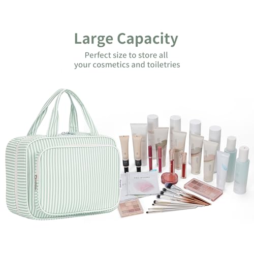 Striped Travel Toiletry Bag for Women Large Hanging Makeup Bag Organizer Toiletries Bag for Full Size Essentials Accessories Cosmetics