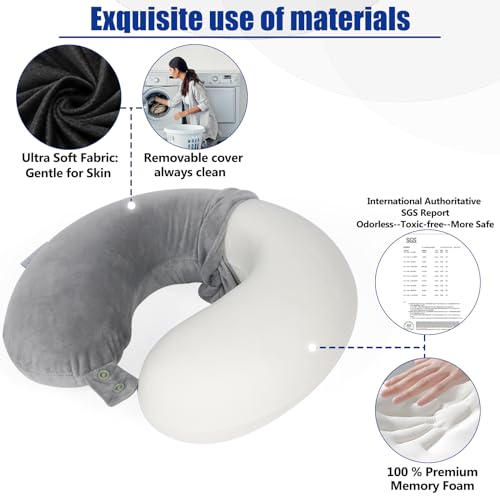 Travel Pillows for Sleeping Airplane 100% Pure Memory Foam Neck Pillow for Airplanes Washable Cover with Storage Bag