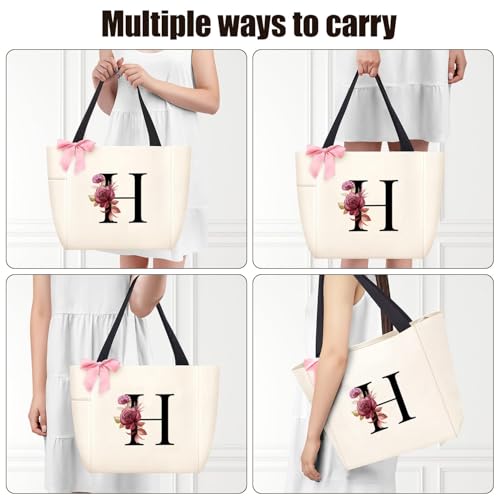 Tote Bag, A-Z Initial Monogrammed Waterproof Tote Bag, Bridesmaid Gifts for Women, Black and Pink (H, Beige)