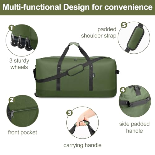 120L Foldable Rolling Duffel Bag with 3 Wheels