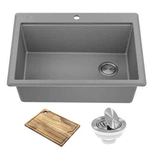 Bellucci 28 inch Granite Workstation Drop In Top Mount Single Bowl Kitchen Sink in Metallic Grey with Accessories