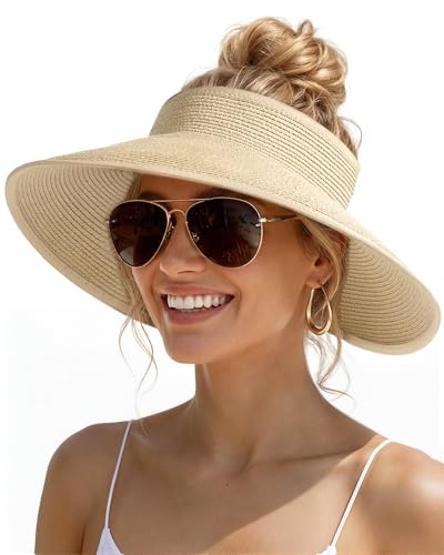 Womens Sun Visor Hats Wide Brim Straw Beach Hat UV Protection Ponytail Packable Beach Vacation Essentials Beige