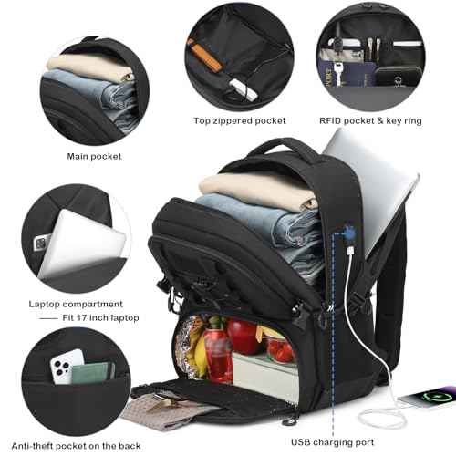 50L Laptop Lunch Backpack for Men with Lunch Compartment and USB Port