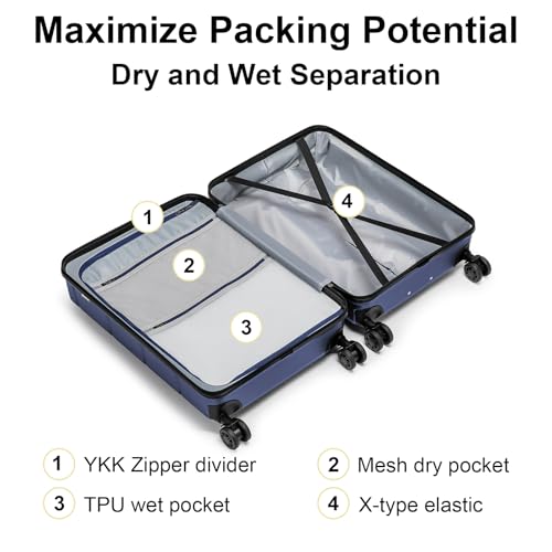 Carry On Luggage 22x14x9 Airline Approved Hardshell 20 Inch Luggage With TSA Lock Carry On Suitcase with Wheels Small Travel Rolling Luggage with Cup Holder for Women Men Navy