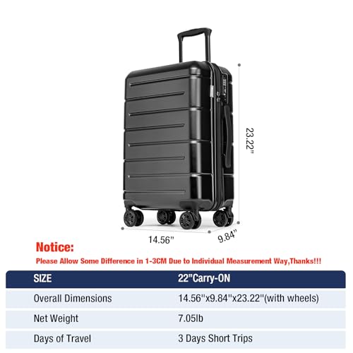 Carry On Luggage 22x14x9 Airline Approved Hardshell Carry On Suitcases with Wheels Travel Rolling 20 Inch Luggage with Cup Holder for Men Women