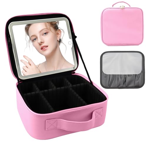 Travel Makeup Bag with LED Mirror and Light Travel Makeup Case Cosmetic Organizer Portable Cosmetic Brush Organizer Bag with Adjustable Dividers for Cosmetics Makeup Brushes Toiletry