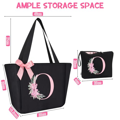 Tote Bag, A-Z Initial Monogrammed Waterproof Tote Bag, Bridesmaid Gifts for Women, Black and Pink (O, Black Set)