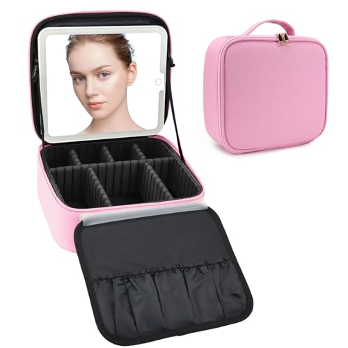 Travel Makeup Bag with LED Mirror Travel Makeup Organizer with 3 Lighted Settings