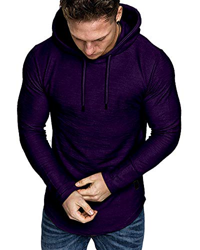 Mens Fashion Athletic Hoodies Sport Sweatshirt Solid Color Fleece Pullover Purple