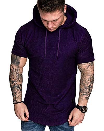 Mens Fashion Hoodies Sport Pullover Solid Color Shirt Workout Lightweight Tops Purple Large