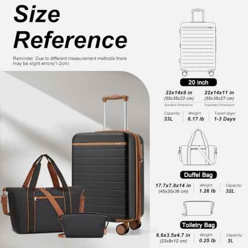 3 Piece Luggage Set carry on 20in Lightweight Travel Suitcase Black