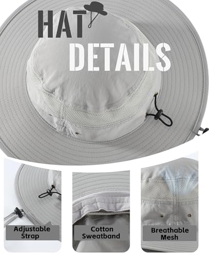 UPF50+ Mens Sun Hat Wide Brim Fishing Hat Airy Womens Bucket Hat UV Protection Hat for Mens Womens Beach Safari Gardening Golf Grey