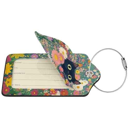 2 Pcs Luggage Tags for Suitcases Black Cat PU Leather Luggage Tag with Privacy Cover Label Address Card and Durable Metal Ring Suitable for Men Women Handbags Backpacks