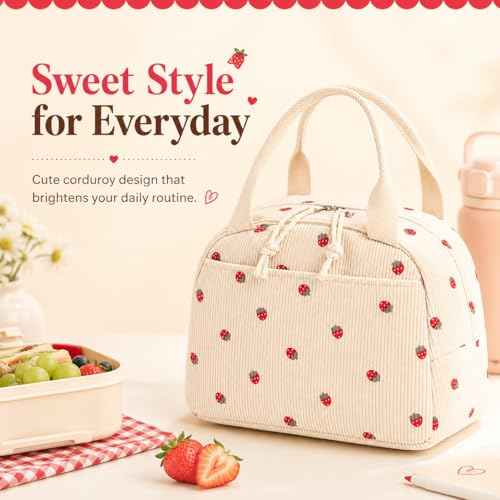 Lunch Bag for Women Cute Corduroy Lunch Tote Bags with Shoulder Strap Reusable Insulated Lunch Box Large Capacity Reusable Insulated Cooler for Work Picnic or Travel