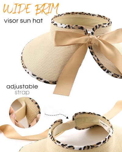 Women's Straw Sun Visor Hat UPF Wide Shade Ponytail Summer Hat
