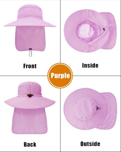 Outdoor Sun Hats with Stowable Neck Flap for Men Women UPF 50+ Mesh Summer Bucket Hat Wide Brim for Fishing Safari Hiking Purple