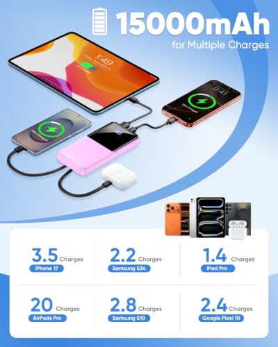 Portable Charger 15000mAh Slim Power Bank with Built in Cables