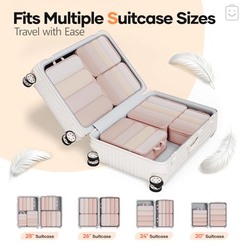 6/9/11 Set Compression Packing Cubes for Travel Essentials,Compressible Expandable Large Luggage Suitcase Organizer Bags for Clothing,Space Saver Bags with Over 1000 pcs of Mesh Holes(Beige) (6 Count)