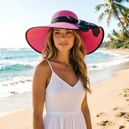 Womens Bowknot Straw Hat Foldable Beach Sun Hat Roll up UPF 50+