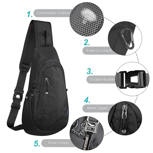 Small Sling Bag Lightweight Crossbody Bag for Women Men Hiking Backpack Travel Shoulder Bag Chest Daypack for Gym Work Outdoor Sports Black Black