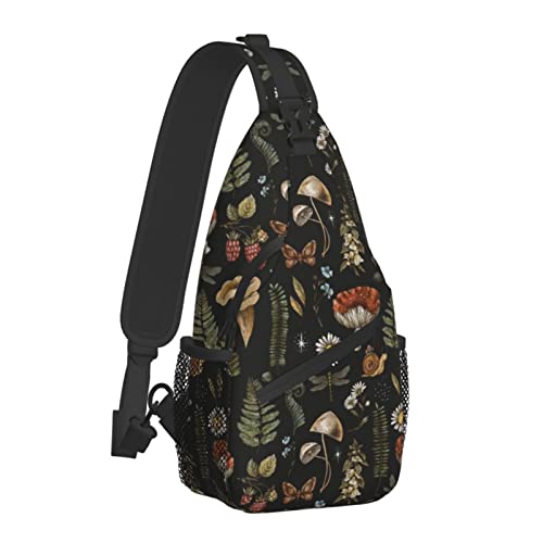 Sling Bag Vintage Mushroom Leaf Forest Hiking Daypack Crossbody Shoulder Backpack Travel Chest Pack for Men Women Over 12 Years Old