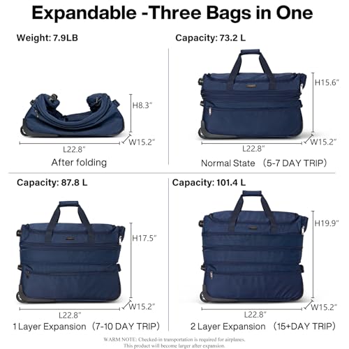 Large Expandable checked Luggage Suitcases with Wheels Foldable Duffle Bag for Travel suitcase for Women Men Garment Bag（Blue）