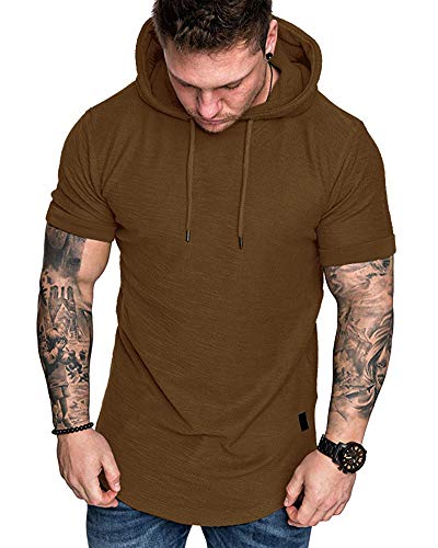 Mens Fashion Hoodies Sport Pullover Solid Color Shirt Workout Lightweight Tops Brown X