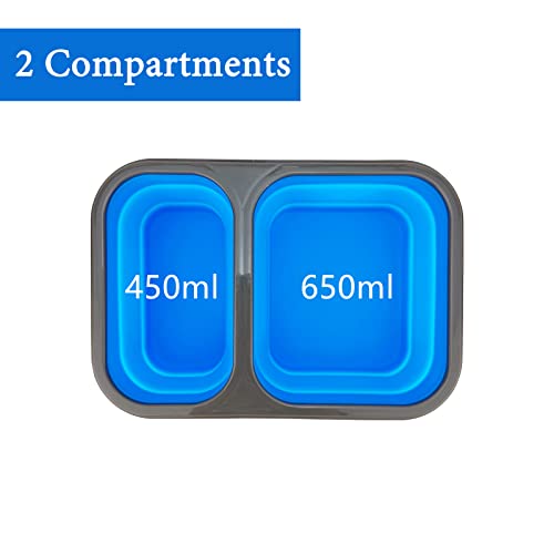 2 Compartments Collapsible Airtight Bento Box with Ideal Portion 600ml & 450ml and 2 in 1 Spoon & Fork