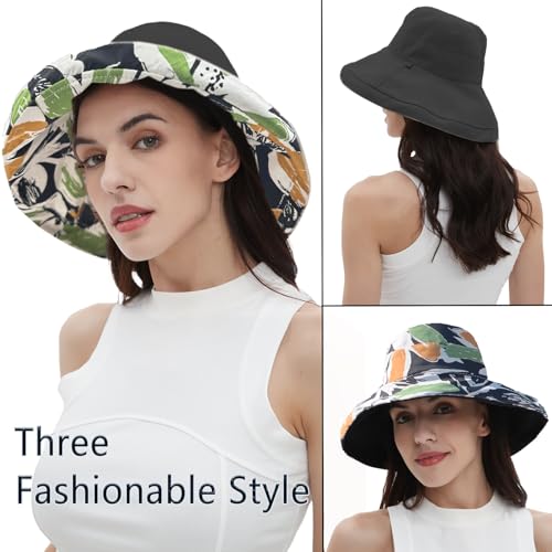 Womens Sun Hats Wide Brim Reversible Bucket Cotton Hat Packable Summer Travel Cap with Hat Clip